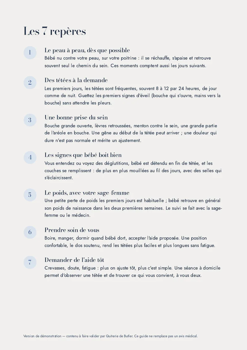 Page du guide listant les 7 repères, chacun avec un court paragraphe.