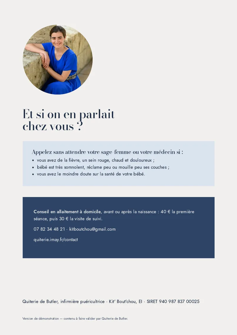 Dernière page du guide : quand appeler la sage-femme, et les coordonnées de Quiterie.