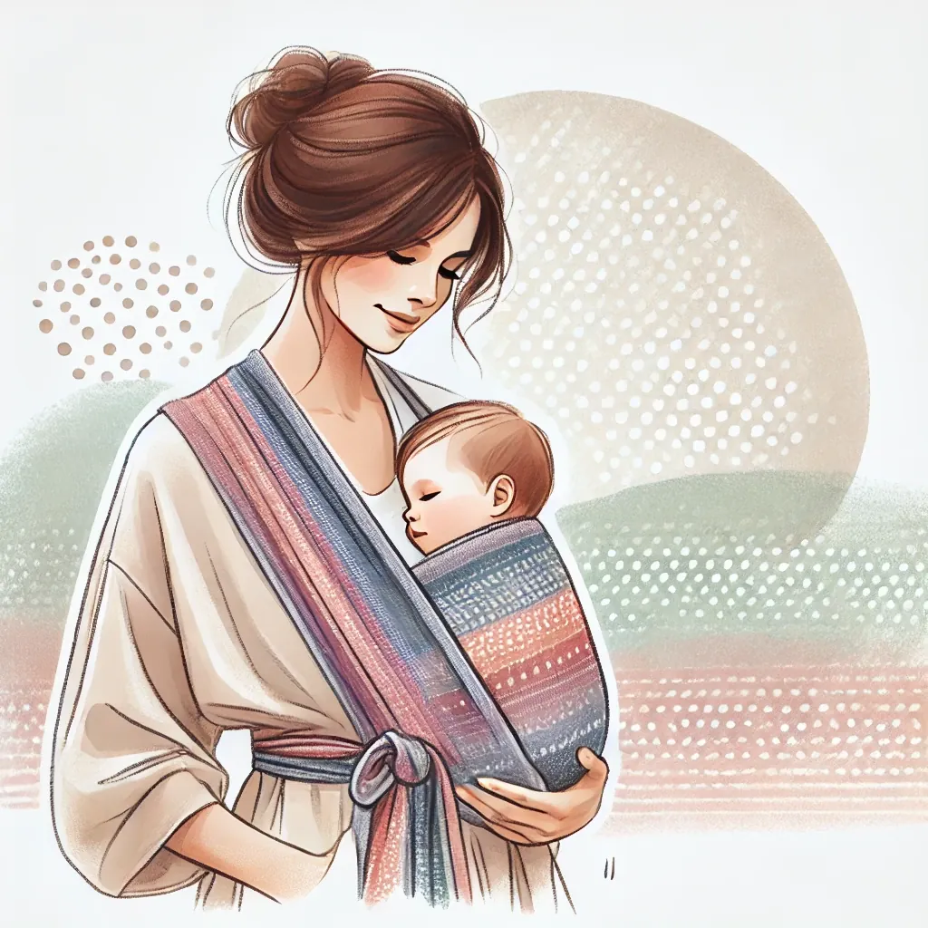 Illustration : une mère porte son bébé contre elle dans une écharpe tissée.